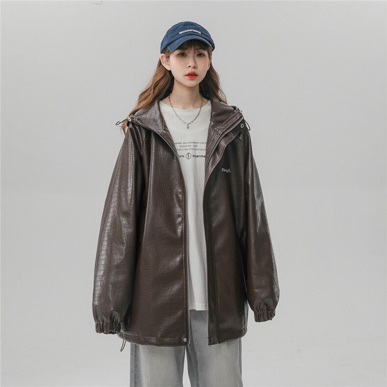 中性连帽鳄鱼纹PU皮衣大码情侣休闲冲锋衣夹克男JK8744P90控128,女装短外套,星座226-1