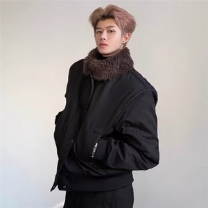 翻领毛领廓形宽松夹棉外套飞行员夹克棉服 网 网 B131-P93图片