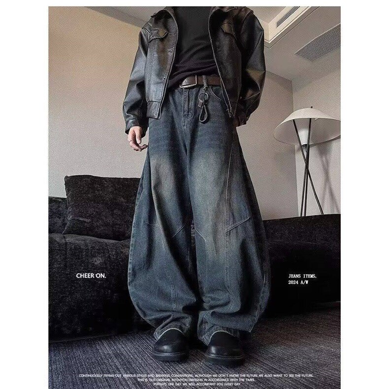 美式复古弯刀裤做旧男女小众阔腿宽松痞帅牛仔裤子LN10499-p58,男装牛仔裤,星座1008