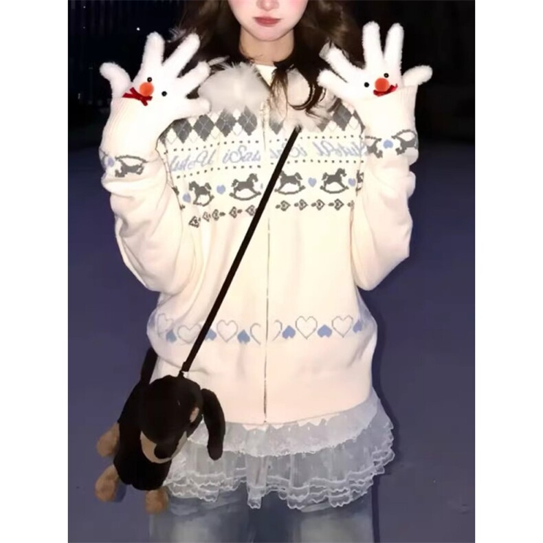 MY9242-P63 费尔岛白色毛领连帽毛衣外套男女秋冬新款慵懒风图片
