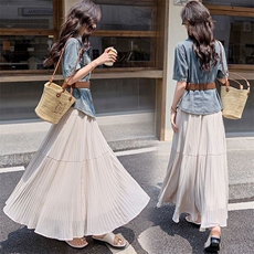 周章章"洛米娜"重工压褶雪纺半身裙女高腰显瘦温柔百搭垂感长裙子，女装套装/套裙，美沁