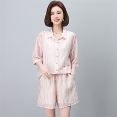 夏季冰丝套装女2024新款高端夏装妈妈天丝洋气时尚短裤两件套，女装套装/套裙，希欧阁