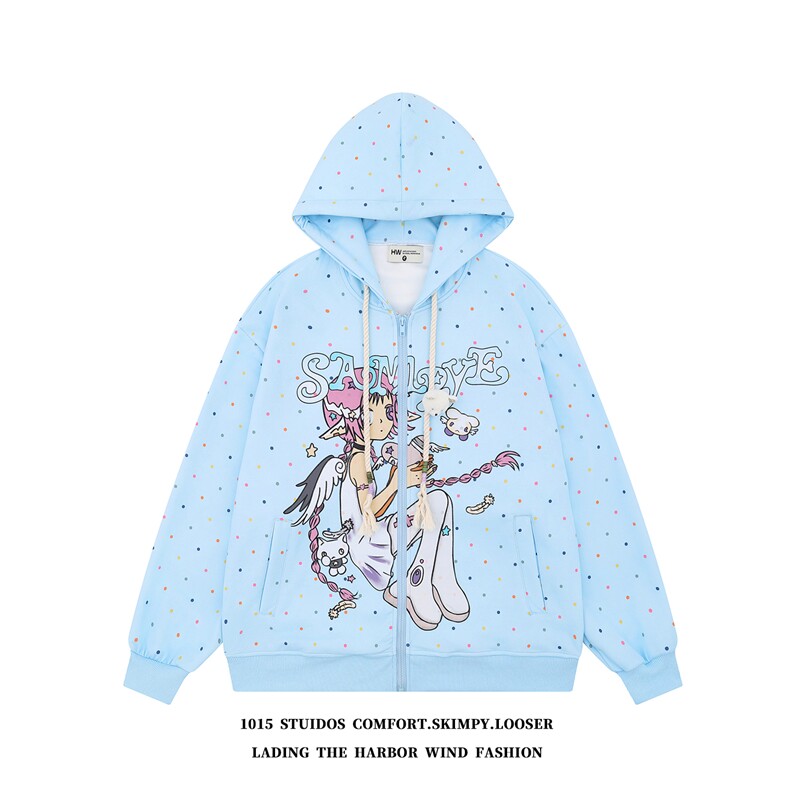 （女类）设计感卡通人物彩色波点连帽开衫卫衣1015-WY354-P98，女装卫衣/绒衫，四季星座1015