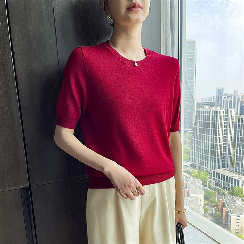 2025春夏新圆领套头纯羊毛短袖衫女轻薄透气软糯亲肤打底T恤纯色,女装T恤,玖雪绒羊绒