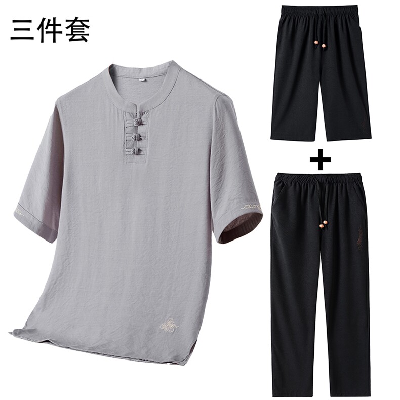 2025夏季亚麻绣花大码风男士透气长裤+短裤三件套MJ5105C-P125,男装牛仔裤,星座1105-3