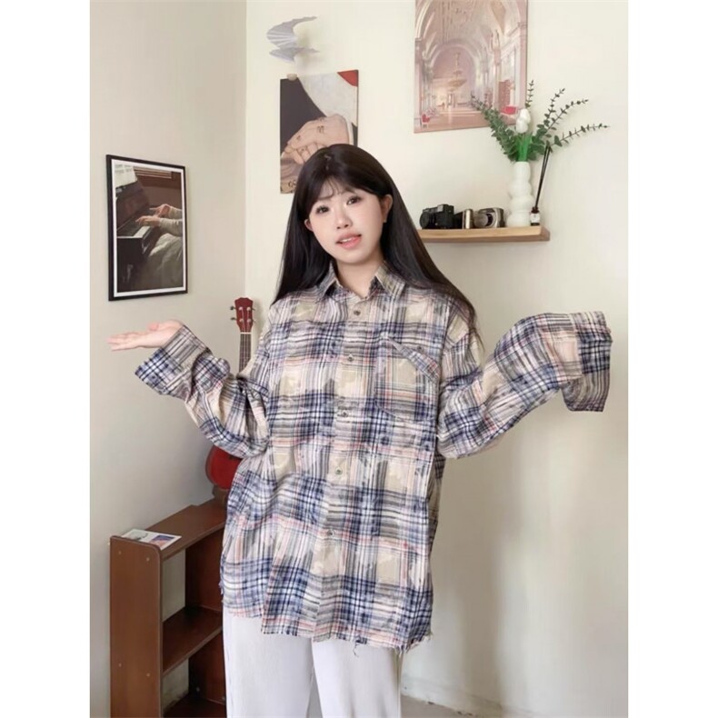 2025新款美式复古格子衬衫女宽松百搭休闲开衫长袖翻领衬衣外套潮,男装衬衫,星座506A