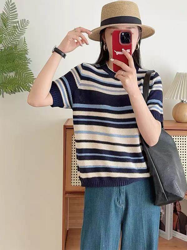 时尚撞色条纹简约百搭舒适夏季圆领短袖,女装T恤,佑昭祥羊绒