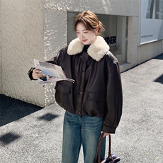 小个子加厚加绒女短款毛领棉服2025冬季新款PU皮夹克机车外套潮，女装皮草，2C116