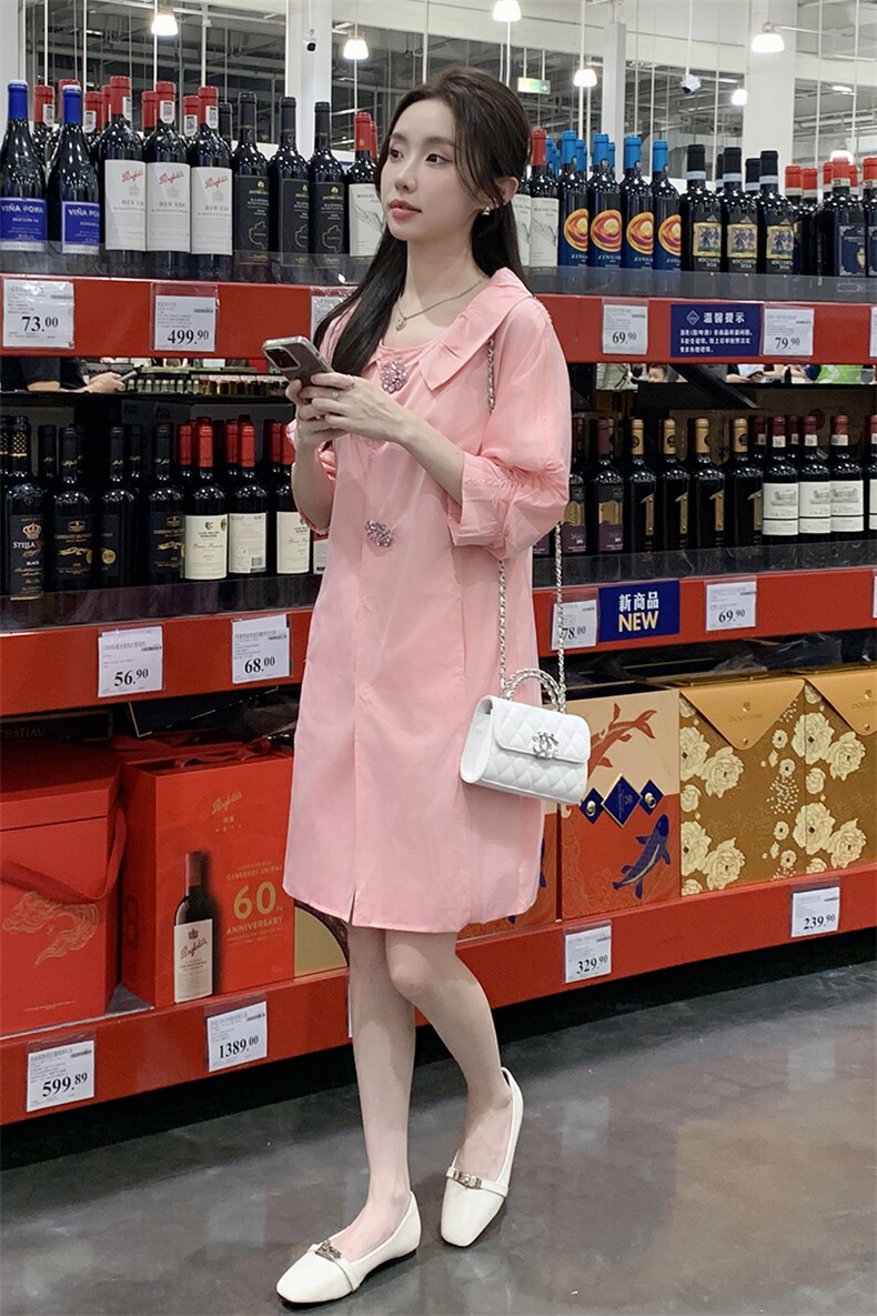 新品娃娃领粉色镶钻直筒风衣2C081-7706P125K178,女装风衣,2C081