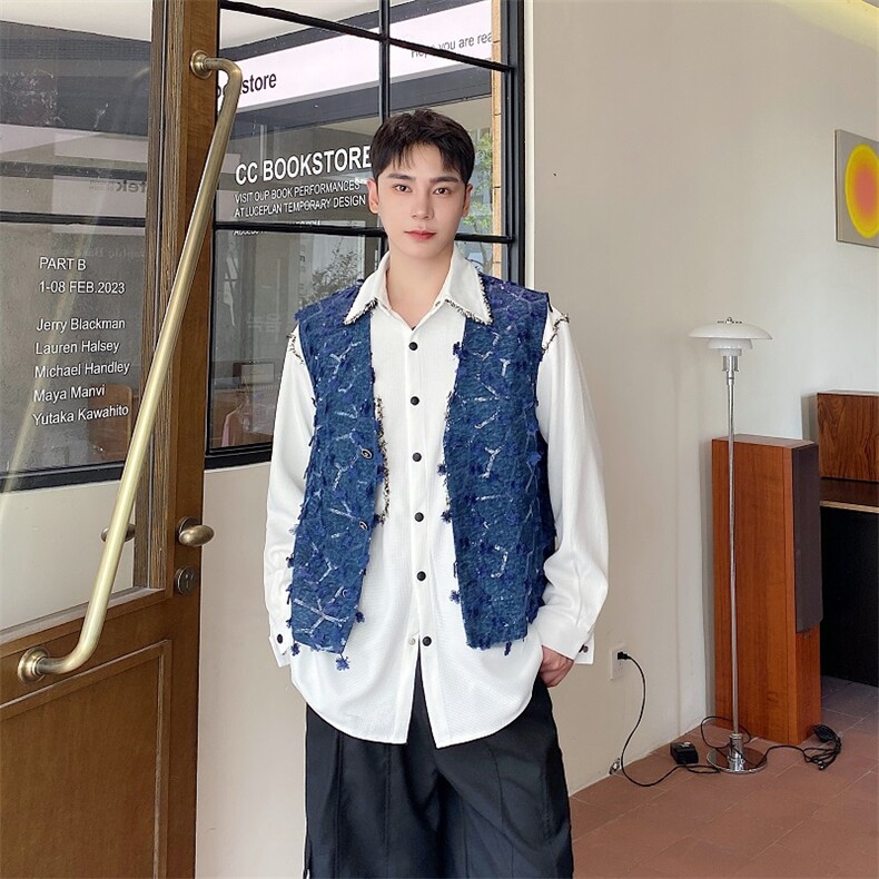 秋季小众设计手工金属亮片牛仔马甲A345-607-P100,男装背心/马甲,电商A345