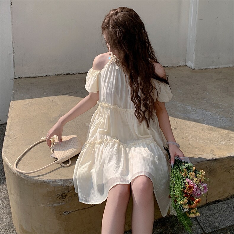 法式绝美超仙露肩连衣裙女2025夏季新款超好看亮片拼接度假风裙子,商品下架区,网红馆