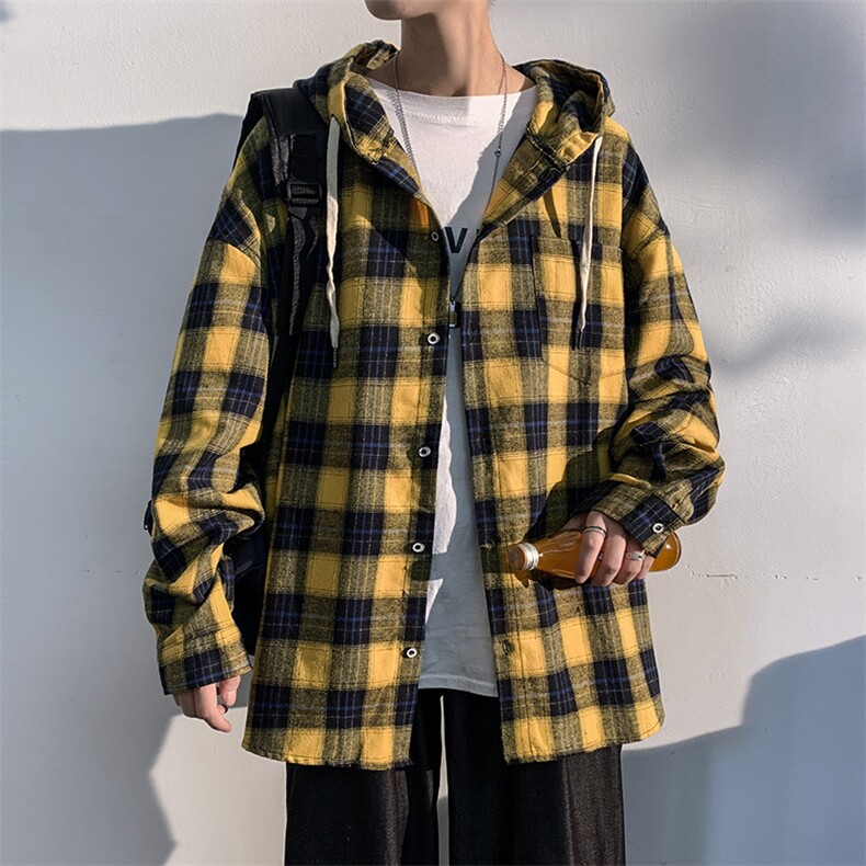 2021秋季新款港风百搭潮流大码男休闲连帽格子衬衫C526-P45,男装衬衫,电商A001