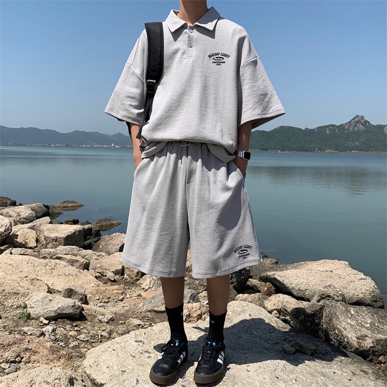 套装男韩版潮流字母刺绣POLO衫夏2023新款ins宽松五分裤W4857-P43,男装休闲套装,星座412-3