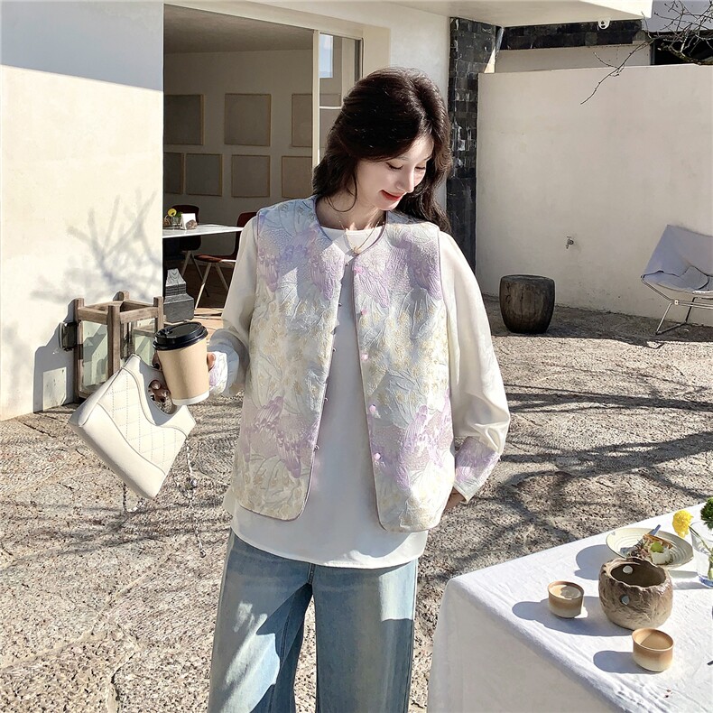 紫色高级感撞色刺绣风马甲小衫套装两件套女早春秋两面穿马夹，女装短外套，艾米莉亚