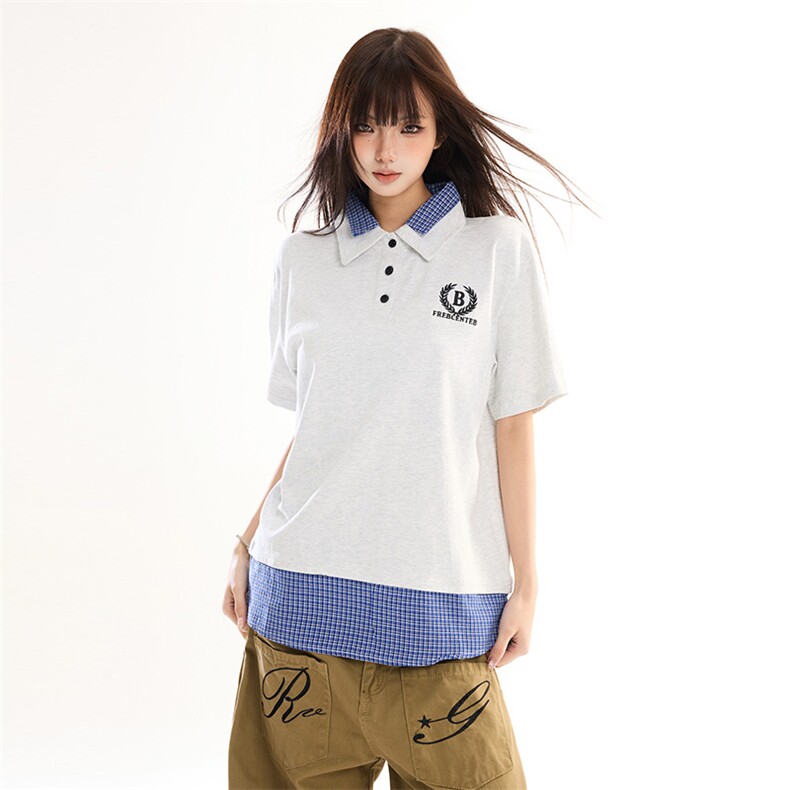 2026学院风假两件POLO衫短袖t恤女格纹拼接翻领情侣上衣YD284-P45,男装T恤,星座509