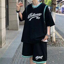 新款夏季潮流篮球服男装吸汗透气纯棉短袖T恤休闲套装F311P58图片