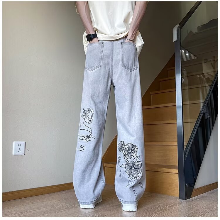 美式高街设计感印花牛仔裤男夏季宽松休闲潮牌痞帅小众做旧直筒裤,男装牛仔裤,星座1013