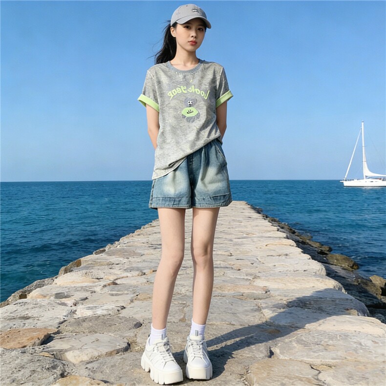 韩系休闲运动时尚套装女夏新款圆领扎染刺绣上衣牛仔短裤两件套潮,女装套装/套裙,江南