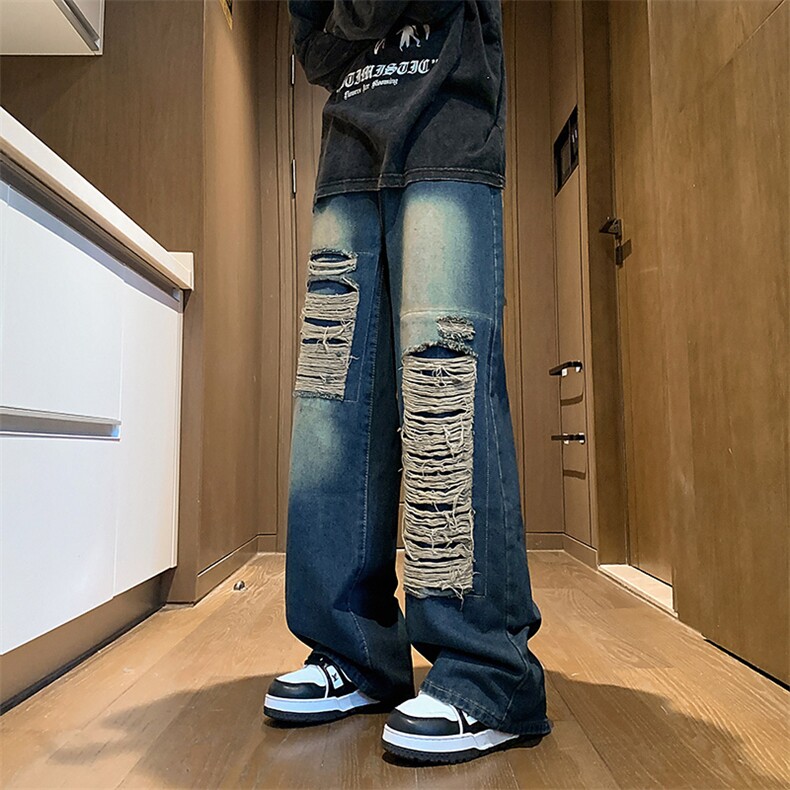 K115/P60春装新款现货潮破洞牛仔裤男水洗做旧阔腿直筒宽松大码裤，男装牛仔裤，电商基地A050