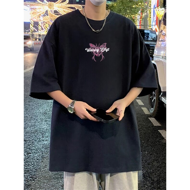 抖音得物供货210克现货宽松纯棉美式潮牌印花落肩袖纯棉T恤AT2175,男装T恤,电商A443