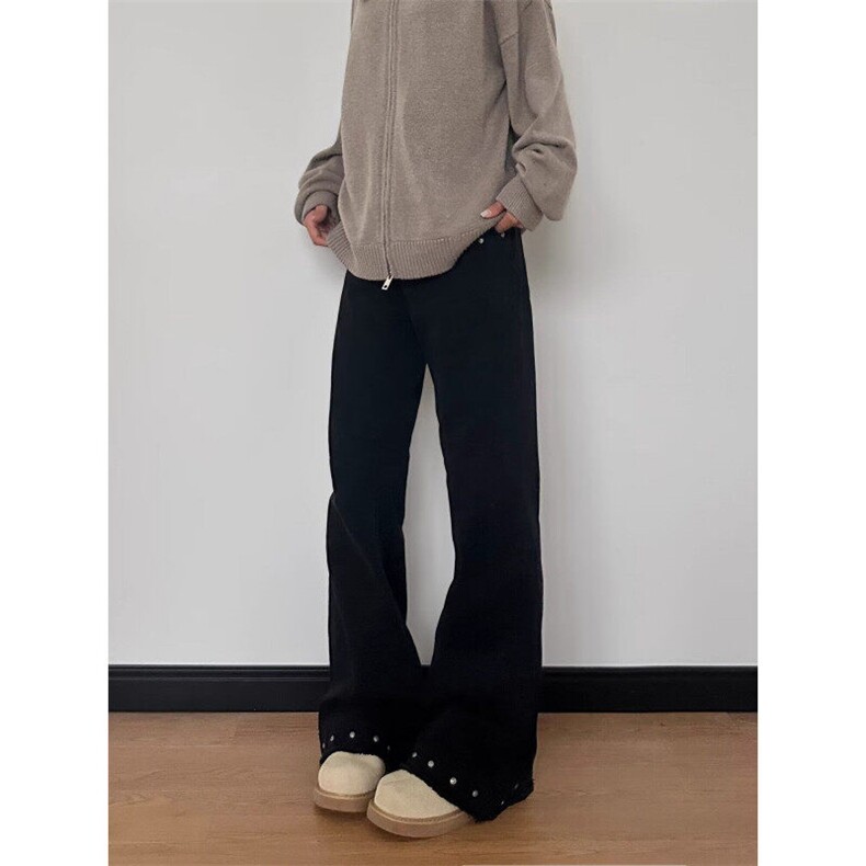 W9585-P58 网图现货 美式铆钉毛边微喇牛仔裤高街修身休闲裤图片