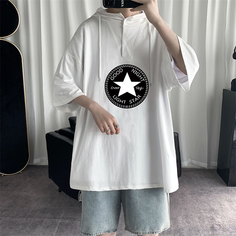 LD54008-P45连帽短袖t恤男大码胖子带帽五分袖中袖,男装T恤,电商A040