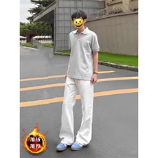 白色直筒牛仔裤男女秋冬加绒宽松垂感高级感拖地裤K8005-P46网图，男装牛仔裤，电商B245