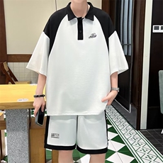 夏季套装男士韩版潮流短袖POLO衫帅气2024拼色ins两件套W5830-P52，男装休闲套装，星座412-2