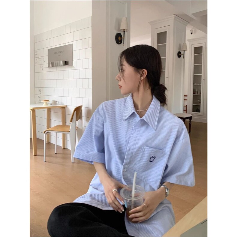 多巴胺笑脸刺绣短袖衬衣女男夏季潮牌宽松翻领条纹衬衫T恤ins，男装衬衫，星座506A