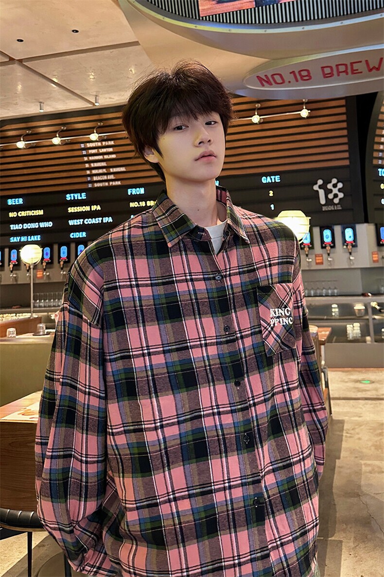 8XL-M印花黑粉格子衬衫男美式复古款式修饰衬衣外套情侣CS523P45,男装衬衫,电商D206-1