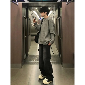 灰色破坏风毛衣男秋冬季潮牌痞帅慵懒内搭针织打底衫SWX5011图片