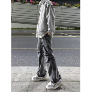 美式高街时尚牛仔裤男黄泥做旧水洗工装直筒拉链开叉裤KZH20-P55图片