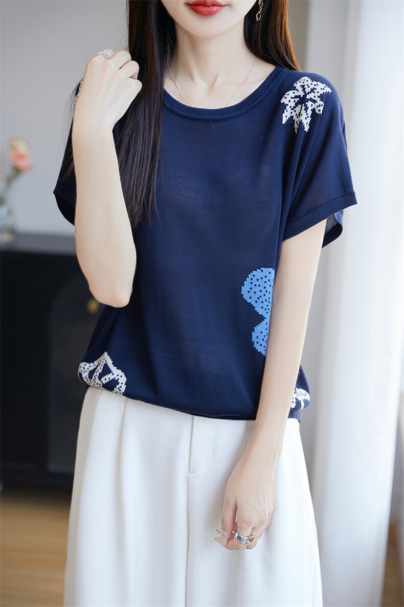 莱塞尔针织提花小飞袖T恤女2025夏薄透气洋气蓝色宽松显瘦短袖T恤,针织衫/毛衣,唐诺