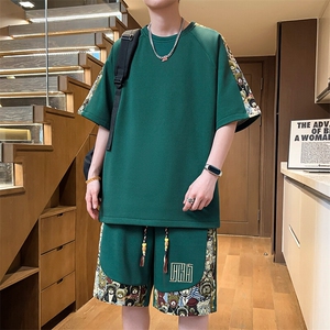 夏季五分短裤T恤两件套潮套装男拼接休闲运动套装A266-TZ9908-P50图片
