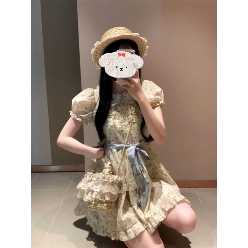 娃娃领泡泡袖碎花连衣裙女收腰显瘦法式茶歇小个子复古中长款裙子,女装连衣裙,星座506A