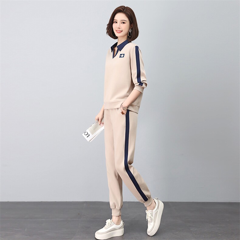 时尚休闲翻领绣花撞色套装显瘦百搭长袖运动服两件套,女装套装/套裙,依恋蒂丝