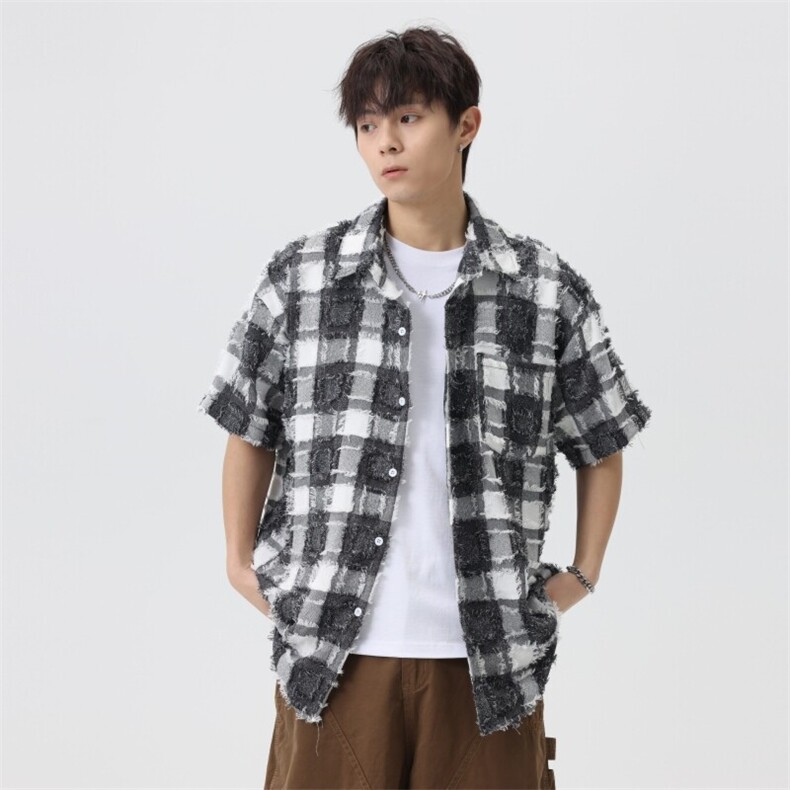 盐系男友风衬衫男小香风外套短袖上衣流苏格子衬衣夏季C2085-P45,男装衬衫,星座210-1