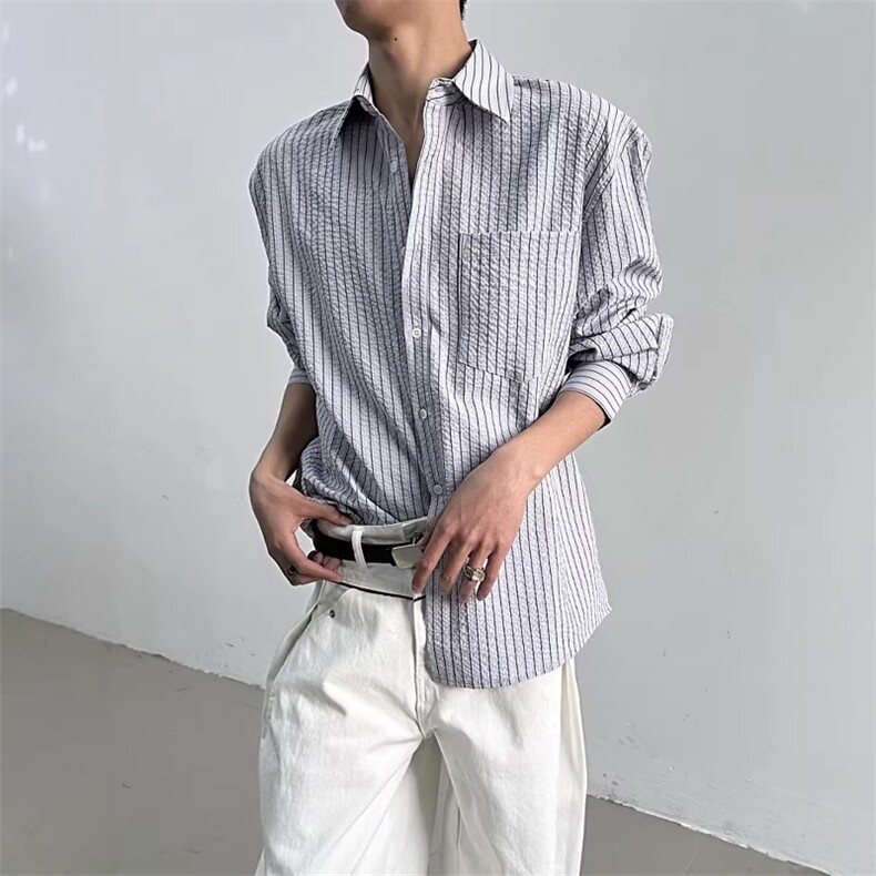 yghome春秋韩系极简蓝色条纹衬衫男长袖宽松休闲复古内搭翻领衬衫图片