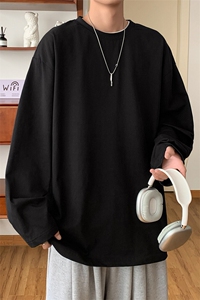 春季长袖T恤 DS837-TP17 港风宽松男纯棉 可二开 圆领纯色T恤图片