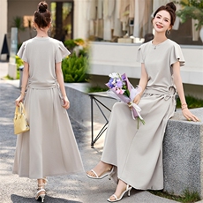 2025夏季新款时尚套装半身裙女气质抽绳绑带收腰宽松显瘦两件套潮，女装套装/套裙，魅丽静蓝