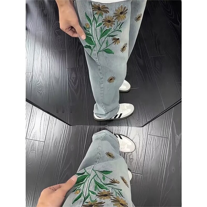 炸街直筒裤子花朵刺绣微喇牛仔裤男潮牌ins宽松休闲裤 NHW12图片