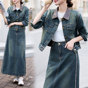 潮牌复古时尚牛仔套装女2024春秋新款洋气炸街短外套阔腿裤两件套图片