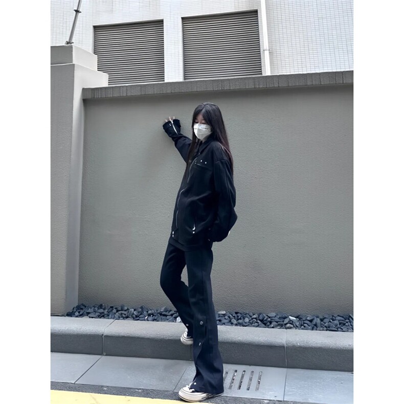 高街美式排扣牛仔裤拉链设计感直筒牛仔裤图片