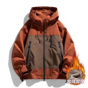 AJ129-P98冬季加绒加厚连帽冲锋衣防风防水插色拼接棉衣外套