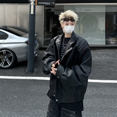 小众垫肩夹克外套男设计感廓形翻领pu皮衣拉链外套复古W6282-P72，男装皮衣，星座412-2