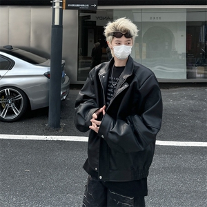 小众垫肩夹克外套男设计感廓形翻领pu皮衣拉链外套复古W6282-P72图片