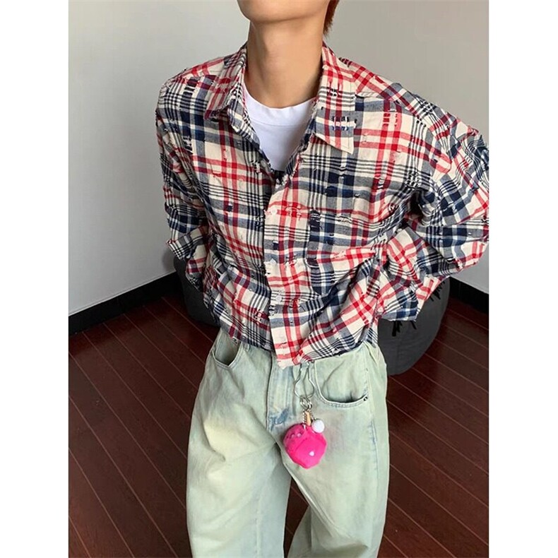 W9465-P43 网图现货 美式高街新款做旧磨破格子长袖衬衣百搭衬衫图片