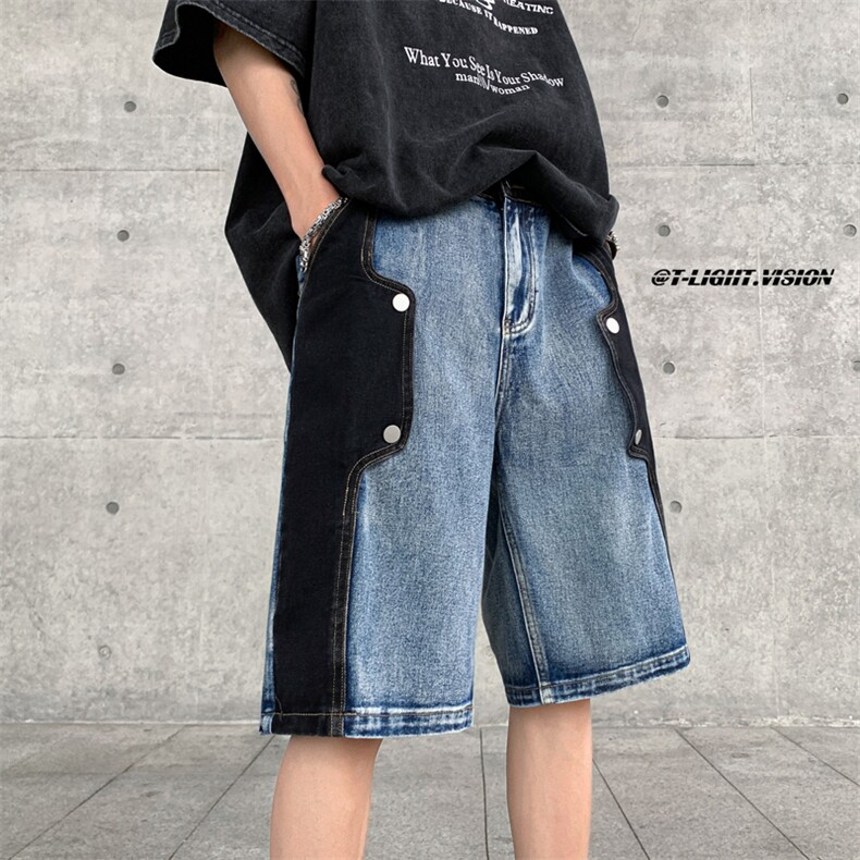 B221美式ins高街暗黑小众个性款牛仔短裤五分裤LK23100-P60控78,男装牛仔裤,电商B221