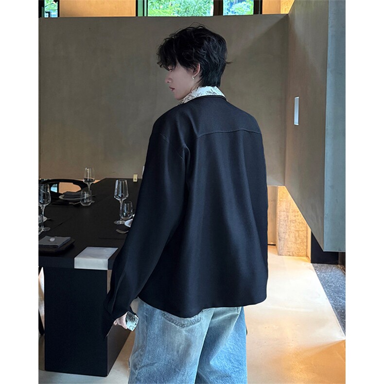 潮流休闲花卉印花领翻领假两件休闲长袖衬衫上衣男潮P55,男装衬衫,电商B319