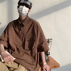 日系复古咖啡色工装短袖衬衫男学院风百搭翻领衬衣外套S8060-p40，男装衬衫，星座1008